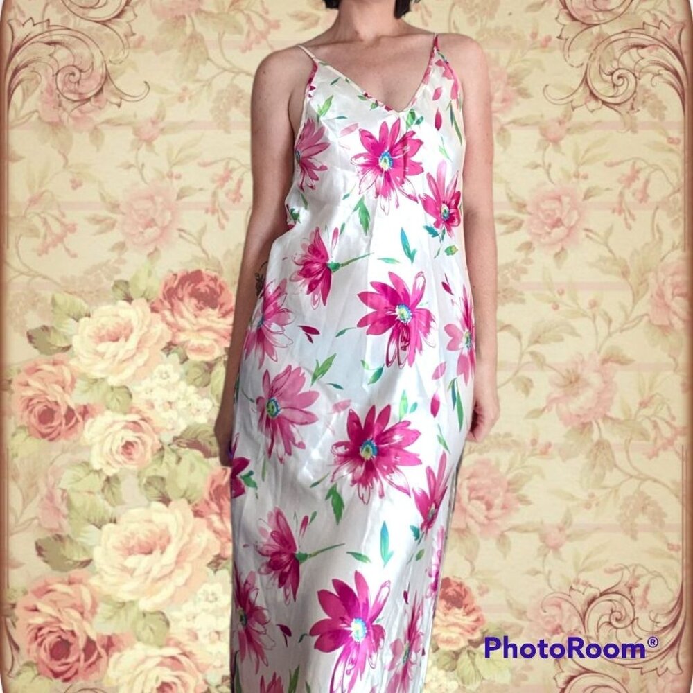 Vintage Pink Floral Satin Dress / Nightgown Estimated Large